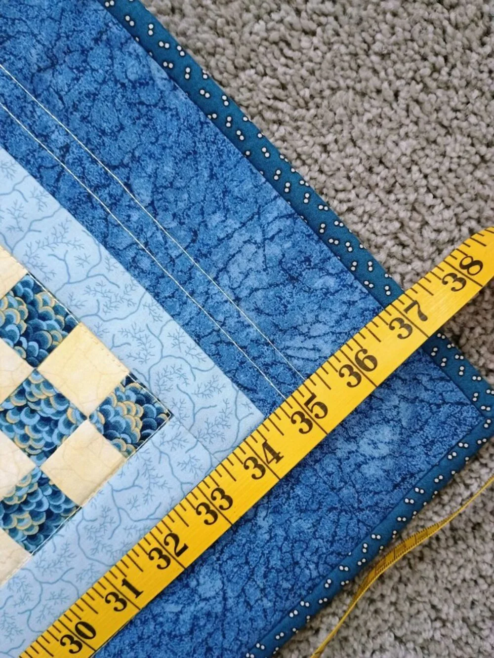 EEUC HANDMADE QUILT WALLHANGING or BABY BLANKET BLUE YELLOW COTTON FABRICS